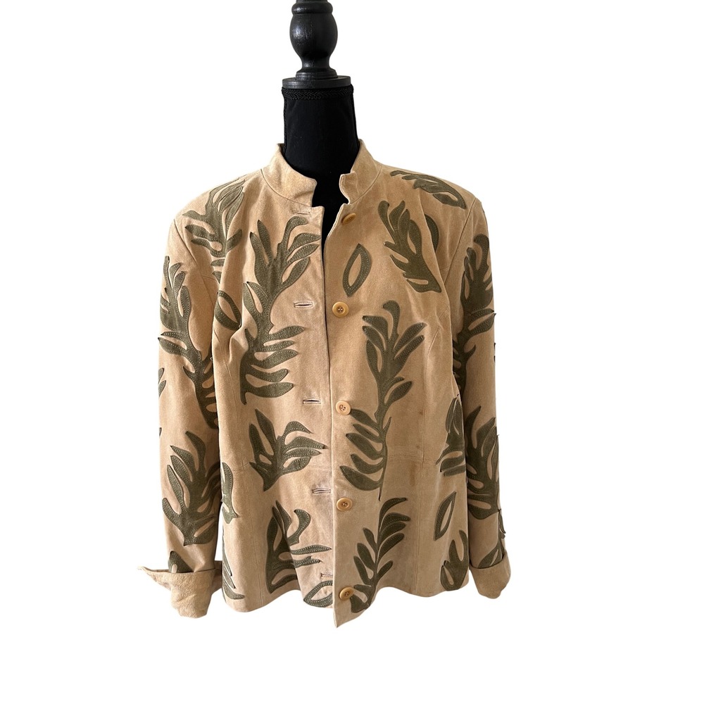 Terry Lewis Classic Luxuries Tan Suede Leather Leaf Applique Jacket Womens 1X